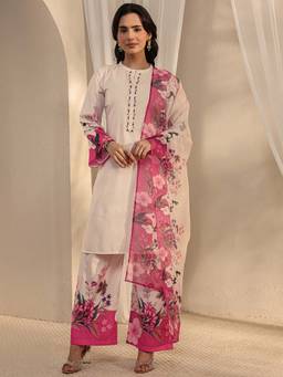Libas - Cream Floral Mandarin Neck Kurta Pant With Dupatta