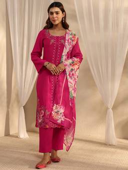 Libas - Pink Embroidered Round Neck Kurta Pant With Dupatta
