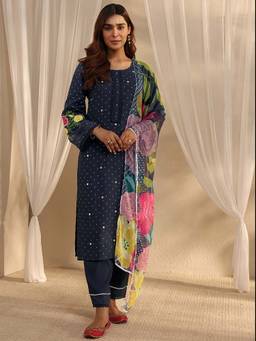 Libas - Navy Blue Embroidered Round Neck Kurta Pant With Dupatta