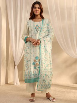 Libas - Cream Printed Round Neck Kurta Pant With Dupatta