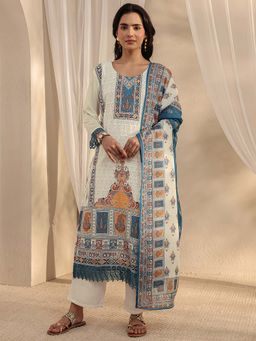 Libas - Cream Printed Round Neck Kurta Pant With Dupatta