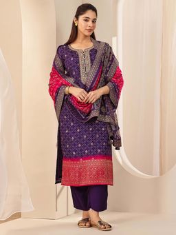 Libas - Purple Embroidered Round Neck Kurta Pant With Dupatta