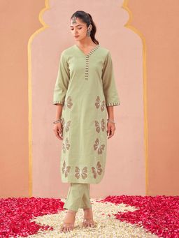Tikhi Imli - Green Embroidered V-Neck Co-ord Set