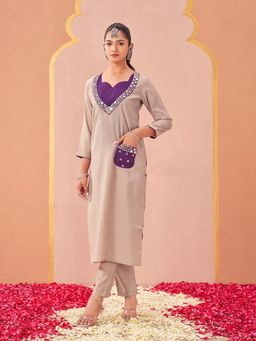 Tikhi Imli - Beige Embroidered V-Neck Co-ord Set