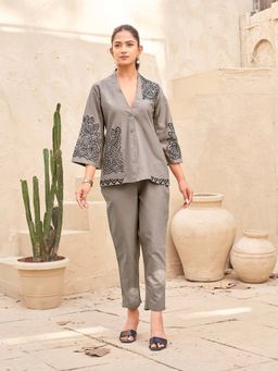 Tikhi Imli - Khaki Embroidered V-Neck Co-ord Set