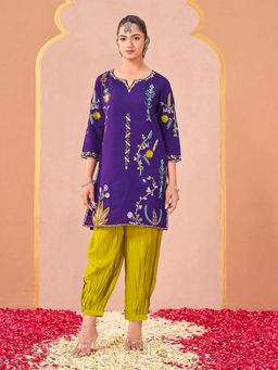 Tikhi Imli - Purple Embroidered Round Neck Kurti And Salwar