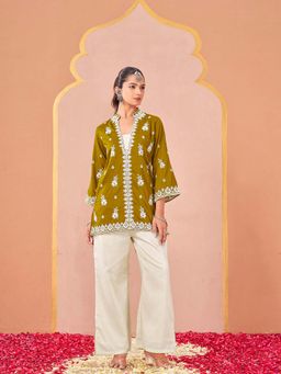 Tikhi Imli - Mustard Embroidered Mandarin Neck Kurti And Pant