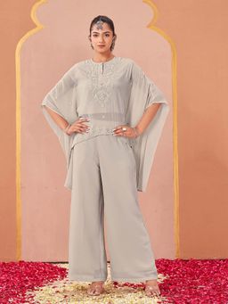 Tikhi Imli - Grey Embroidered Round Neck Kaftan And Palazzo