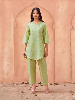 Tikhi Imli - Green Embroidered V-Neck Kurti And Pant