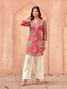 Tikhi Imli - Pink Floral V-Neck Kurti And Pant