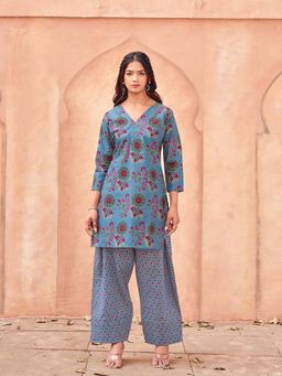 Tikhi Imli - Blue Floral V-Neck Kurti And Pant