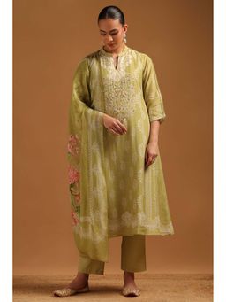 Soch - Green Embroidered Mandarin Neck Kurta Pant With Dupatta