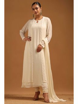 Soch - Off White Solid/Plain Keyhole Neck Kurta And Shrug Churidar With Dupatta