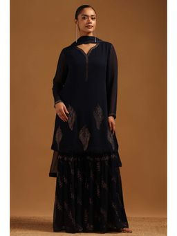 Soch - Navy Blue Embellished/Sequined V-Neck Kurta Sharara With Dupatta