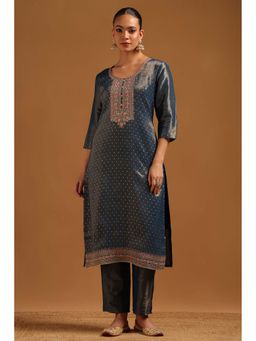 Soch - Navy Blue Embroidered Round Neck Kurta And Pant