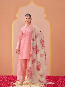Tikhi Imli - Pink Embroidered V-Neck Kurti Palazzo With Dupatta
