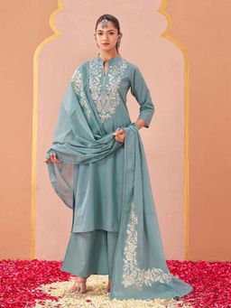 Tikhi Imli - Blue Embroidered Mandarin Neck Kurta Palazzo With Dupatta