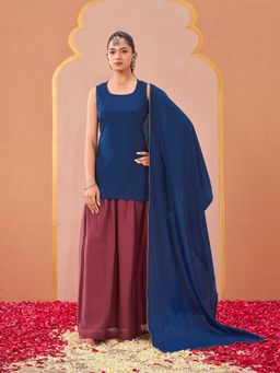 Tikhi Imli - Teal Solid/Plain Round Neck Top And Skirt With Dupatta
