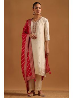 Soch - Cream Embroidered Round Neck Kurta Pant With Dupatta
