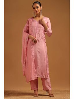 Soch - Pink Embroidered Round Neck Kurta Pant With Dupatta