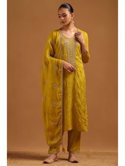 Soch - Yellow Embroidered Round Neck Kurta Pant With Dupatta