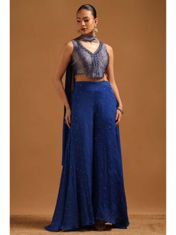 Soch - Blue Embellished/Sequined V-Neck Crop Top And Palazzo With Dupatta