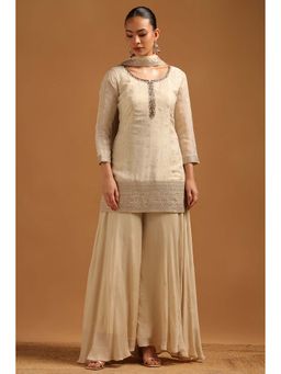 Soch - Beige Embellished/Sequined Round Neck Kurti Palazzo With Dupatta