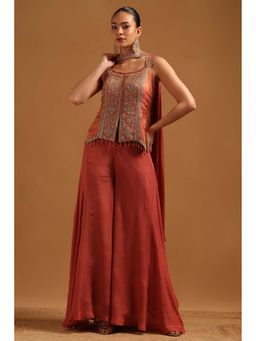 Soch - Rust Embroidered Square Neck Top And Palazzo With Dupatta