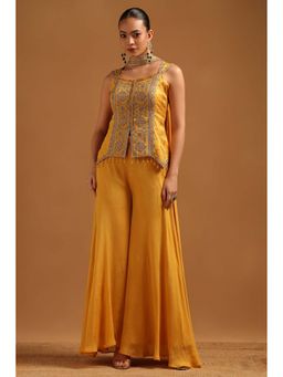 Soch - Mustard Embroidered Square Neck Top And Palazzo With Dupatta