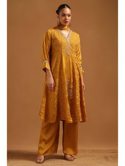 Soch - Mustard Embroidered V-Neck Kurta Palazzo With Dupatta