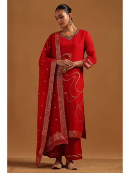 Soch - Red Woven Round Neck Kurta Pant With Dupatta