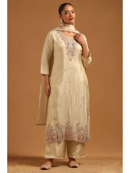 Soch - Beige Embellished/Sequined Round Neck Kurta Palazzo With Dupatta