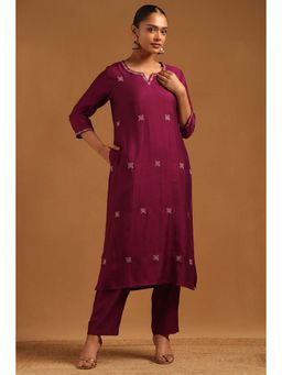 Soch - Purple Embroidered Round Neck Kurta And Pant