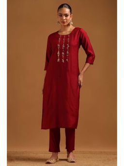 Soch - Maroon Embellished/Sequined Round Neck Kurta And Pant