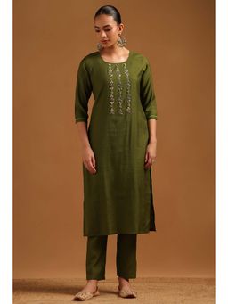 Soch - Olive Embellished/Sequined Round Neck Kurta And Pant