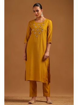 Soch - Mustard Embroidered Round Neck Kurta And Pant
