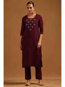 Soch - Wine Embroidered Round Neck Kurta And Pant