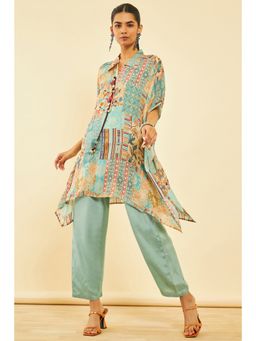Soch - Womens Powder Blue Viscose Floral Print Kaftan, Inner & Pant with Tassels (Set of 3)