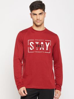 Club York - Men Maroon Full Sleeve Printed Round Neck T-Shirt