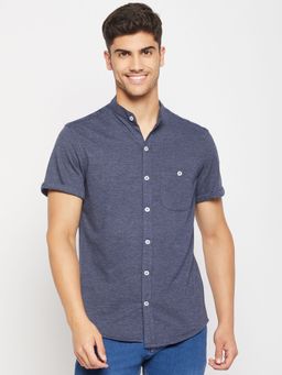 Club York - Men Navy Blue Half Sleeve Mandarin Collar Shirt