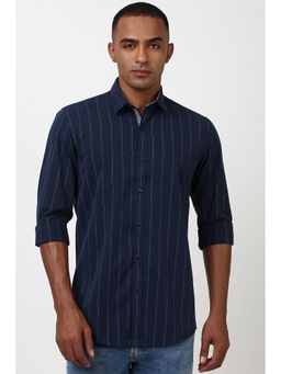 Peter England - Men Navy Blue Slim Fit Stripe Shirt