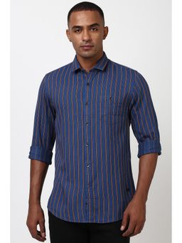 Peter England - Men Navy Blue Slim Fit Stripe Shirt