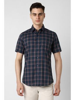Van Heusen - Men Navy Blue Slim Fit Check Half Sleeves Casual Shirt