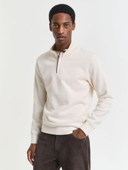 GANT - Men Cream Solid High Neck Regular Fit Sacker Rib Half Zip Sweatshirt
