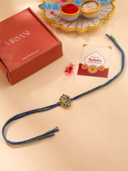 VIRAASI - Gold Plated Peacock Rakhi for Brother with Roli Chawal and Card