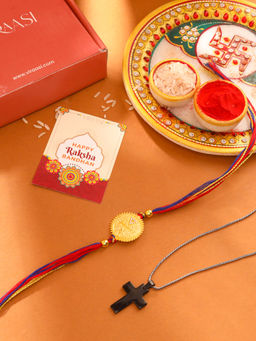 VIRAASI - Gold Plated Rakhi Roli Chawal for Brother with Gift Chain Pendant