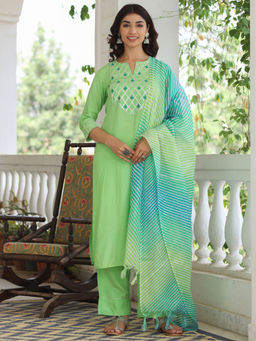 Jaipur Kurti - Women Green Embroidered Kurta With Palazzo & Kota Tissue Dupatta (Set of 3)