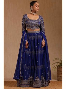 Soch - Womens Blue Georgette Embroidered Ghagra Choli and Dupatta (Set of 3)