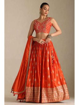 Soch - Womens Orange Viscose Embroidered Ghagra Choli and Dupatta (Set of 3)