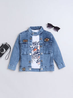 Mini Stitch - Solid Denim Jacket with Printed T-Shirt for Boys -Light Blue (Set of 2)